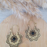Brass mandala earrings / Black tourmaline / Gold / Golden / Flowers / Mandala / Healing jewellery / Goth / Gothic