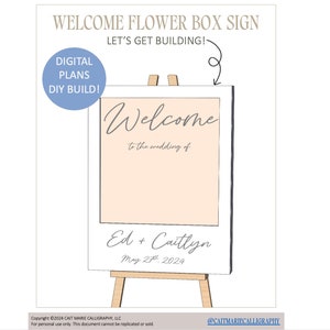 Digital welcome flower box sign plans with easel mockup and editable welcome text