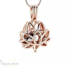 Lotus flower locket urn necklace with rose-gold tone pendant and chain