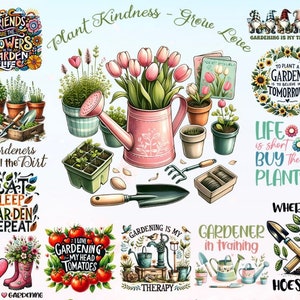 Gardening clipart bundle with flowers, potted plants, garden tools, and garden-themed labels