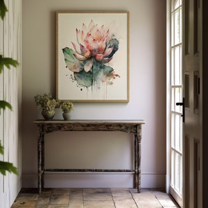 Lotus flower watercolor wall art print in a wooden frame
