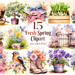Watercolor spring clipart bundle with flowers, garden items, and birds, 15 designs.