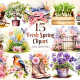 Watercolor Fresh Spring clipart Bundle, Spring clipart, Spring animal clipart, Spring garden clipart, Garden clipart, Commercial free use