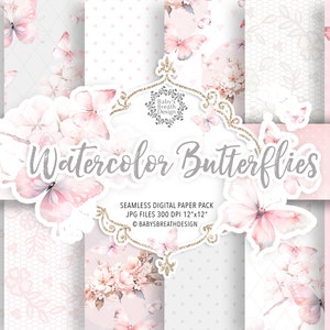 Watercolor butterfly digital paper pack with pink spring floral seamless patterns