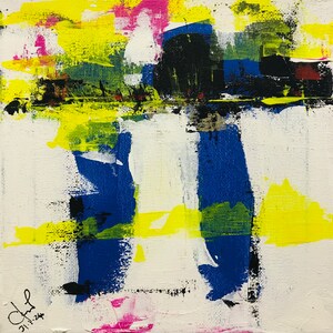 Abstract painting with blue, yellow, white, and black layered blocks