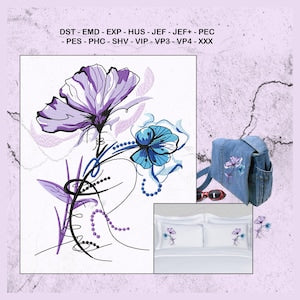 Floral machine embroidery design with purple and blue flower motifs and stems