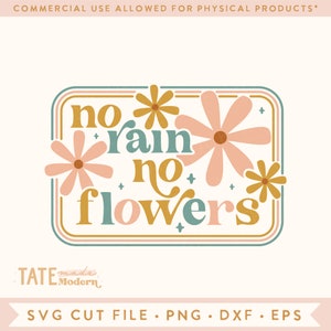 Boho 'no rain no flowers' SVG with floral wreath and outlined border