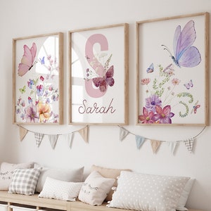 Set of three framed butterfly and wildflower nursery prints, pastel watercolor style