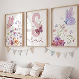 Set of three framed butterfly and wildflower nursery prints, pastel watercolor style