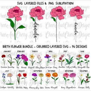 Birthday flower bundle with colored layered SVG birth-month flower designs