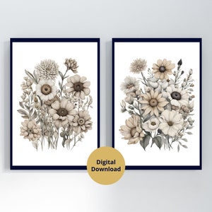 Neutral floral wall art prints set of 2, digital download, beige and gray flowers with stems