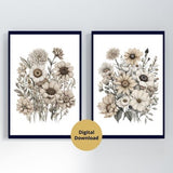 Neutral Flower Print Set, Digital Download, Botanical Wall Art, Printable Flower Art Print Set of 2, Neutral Floral Print, Boho Flower Print