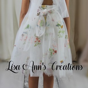 Girls white embroidered tulle dress with floral print skirt and layered bodice