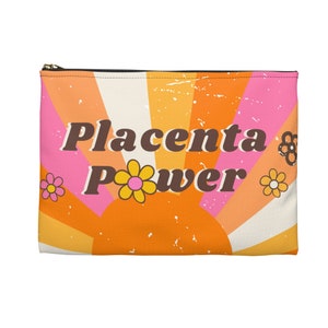 Placenta Power themed accessory pouch with zip, pink and orange fabric front panel