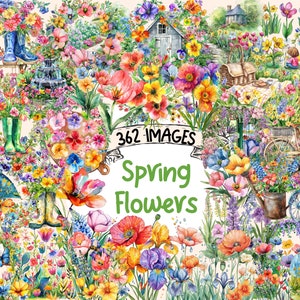 Spring flowers clipart bundle, colorful floral PNG set with garden blooms and butterflies