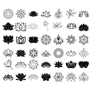 Lotus flower and mandala clipart set, black and white silhouettes, varied lotus designs.