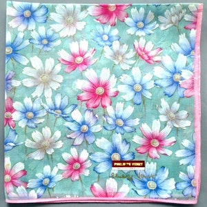 Philippe Venet vintage handkerchief with pastel floral pattern in blue, pink, and white