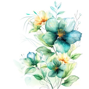 Watercolor green and teal flower clipart with blue blossoms and leafy branches