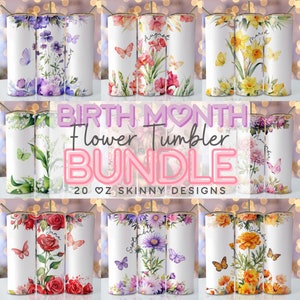 Birth month flower tumbler wrap bundle: multiple floral designs on 20 oz skinny sleeves