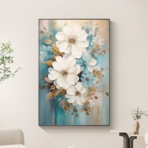 Large oil flower painting on canvas with white blooms and blue abstract background