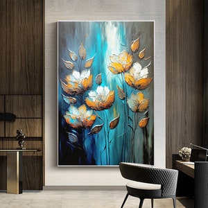 Framed abstract floral oil painting on canvas, blue background with yellow blossoms