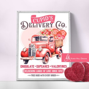 Vintage valentine sign with red truck and floral heart illustration, framed print text
