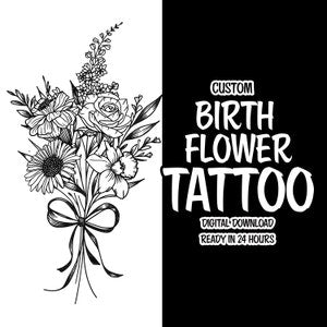 Fine-line birth flower bouquet tattoo design with ribbon and lettering, black and white
