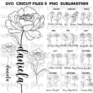 Line-art flower SVG/PNG bundle with birthday month wildflower designs for Cricut