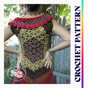 Multicolor crochet vest with openwork diamond stitch rows and scalloped neckline