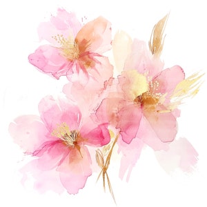 9 Abstract Flowers Clipart, Pink Gold Flower, Flowers Print, Printable Watercolor clipart, High Quality JPGs, Digital download, Paper craft