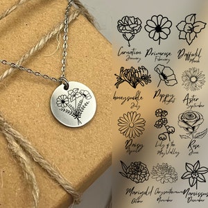 Stainless steel round flower bouquet necklace pendant with floral line art