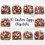 10 Easter Eggs Crate ClipArts, Easter Egg PNG, Easter illustration, Watercolor Easter, Easter PNG, Easter ClipArt, Flowers PNG, Spring Art