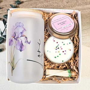 Flower gift box with purple iris print candle jar and confetti wax holder