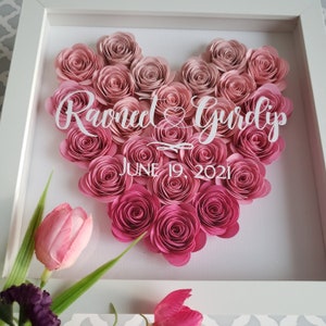 Personalized shadow box heart of pink roses with engraved message and date