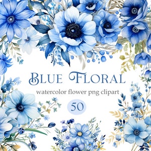 Watercolor blue flower clipart bundle with floral wreath and bouquet, 50 PNG set