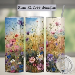 20 oz skinny tumbler wrap, wildflower watercolor floral print on tapered straight tumbler
