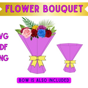 Purple paper bouquet vase with yellow ribbon bow and pink, blue, and red paper flowers