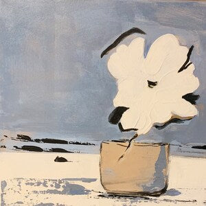 Framed abstract canvas painting: white flower in beige vase, blue-gray background