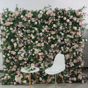 3D artificial flower wall panel with pink and white blossoms, green leaves