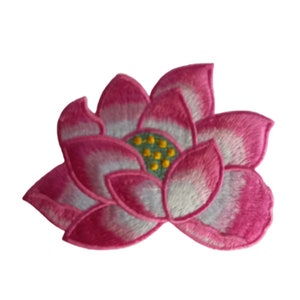 Pink lotus flower iron-on patch with embroidered crest center