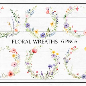 Watercolor spring flower round wreath clipart set with pastel blooms