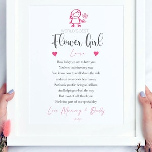 A4 flower girl thank-you print on white card with floral hearts and cursive text