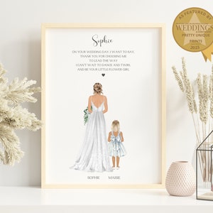 Framed wedding print with bride and flower girl illustration, personalized text at top