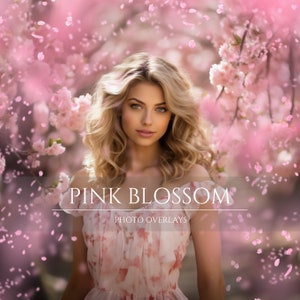 Pink cherry blossom photo overlay with soft bokeh flowers and portrait background