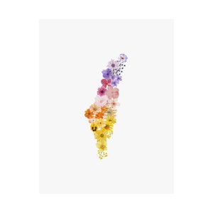 Floral map wall art with purple, pink, and yellow flower shapes