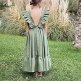 Sage green linen dress with bow, Boho flower girl dress toddler, Bohemian flower girl dress, Boho first birthday dress, Girls linen dress