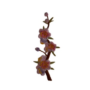 Cherry blossom flower iron-on patch with maroon embroidered blossoms and stems