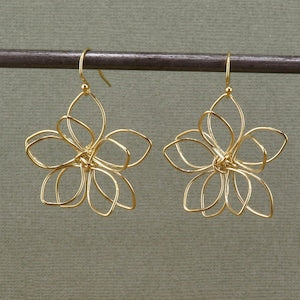 Gold open wire flower drop earrings with layered petals and fishhook backs