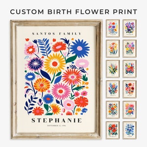 Framed birth flower print with colorful blossoms and custom names inside border