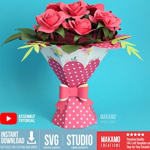 Pink rolled-rose paper flower bouquet in polka-dot vase gift box with bow